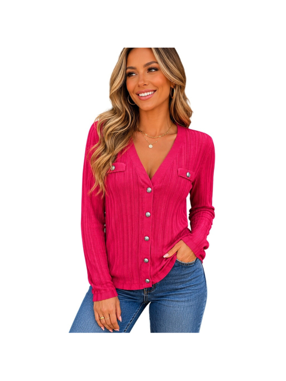 WHBM NWOT HOT pink ribbed shaket button up sweater career casual sz L girly